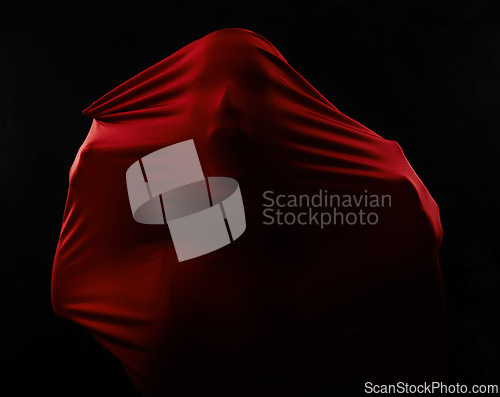 Image of Person, transparent fabric and silhouette of face screaming in horror, fear and trapped isolated on a black background. Ghost, red cloth and outline of human yelling in terror, surreal or scared