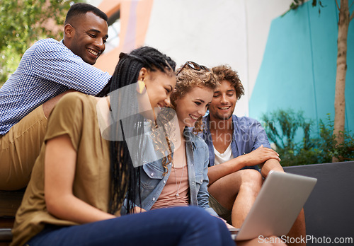 Image of Laptop, scholarship and group of friends on university or college campus together for learning or study. Computer, smile or school education with happy young man and woman students on academy stairs