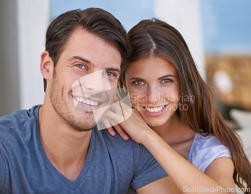 Image of Happy couple, portrait and relax with love for relationship, bonding or support together at home. Face of young man and woman with smile in happiness or satisfaction for holiday weekend at apartment