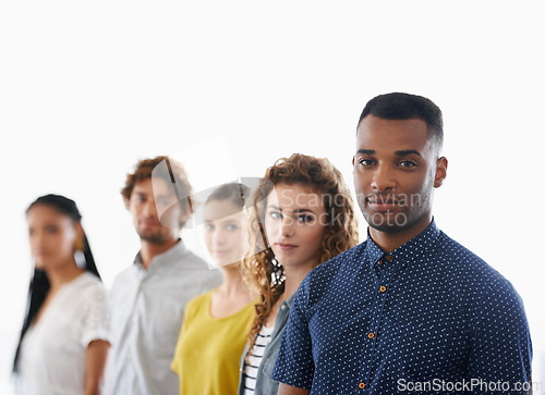 Image of Internship, diversity and portrait of people, employees in row on white background. Recruitment, new job and opportunities for career path, candidates and wait for evaluation process in studio