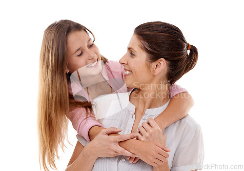 Image of Mother, child and hug in studio with smile for love, security and comfort, bonding and trust on white background. Nurture, safety and support with happy woman and young girl for family time together