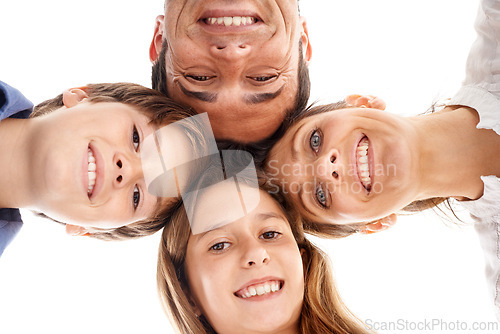 Image of Portrait of mother, father and children on a white background for bonding, relationship and love. Family, happy and low angle of isolated mom, dad and kids for support, care and relax in studio