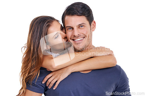 Image of Portrait, smile and couple kiss on cheek for love, romance or commitment to marriage isolated on a white studio background. Face, man and happy woman embrace for connection, support and relationship