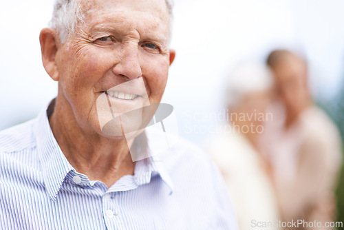 Image of Elderly, man and happy portrait outdoor on holiday, vacation and travel for retirement with confidence. Senior, person and face with smile in garden, nature or backyard of home for relax and break