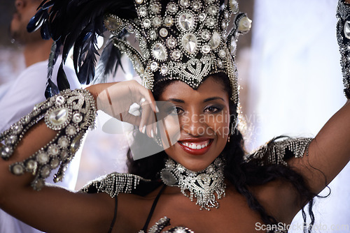 Image of Happy woman, portrait and samba dancer at festival with fashion for performance at carnival or concert. Face of Brazilian female person or exotic performer with smile for dancing or party in Rio