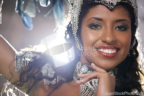 Image of Woman, confident and portrait of samba dancer at night for carnival season in Rio de janeiro, celebration and happy with costume for culture. Female person, festival and unique fashion with closeup