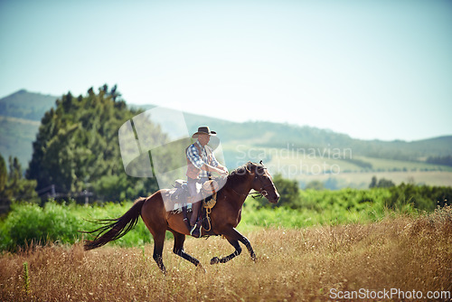 Image of Cowboy, fast and man riding horse with saddle on field in countryside for equestrian or training. Nature, summer and speed with mature horseback rider on blue sky at ranch outdoor in rural Texas