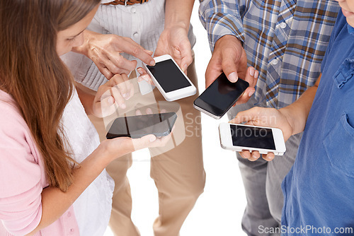 Image of Family, networking and phone mockup with circle for social media, connectivity or communication on a white studio background. Group of people, child or kid on mobile smartphone for sync or connection