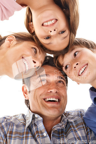 Image of Face of mother, father and children on a white background for bonding, relationship and love. Family, happy and low angle of isolated mom, dad and kids for support, care and together in studio
