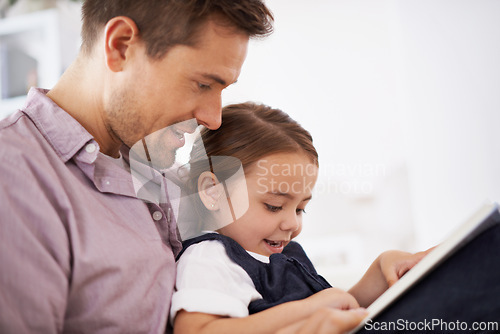 Image of Father, kid with book for reading and storytelling, happy with bonding at home and knowledge for education. Man, young girl and story time for fantasy and learn with love and care together in lounge