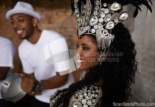 Image of Happy woman, samba dancer and concert with band for performance at carnival or festival. Face of Brazilian female person or exotic performer with smile or cultural fashion for dancing or party in Rio