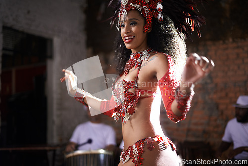 Image of Happy woman, samba dancer and festival with band for performance at carnival or concert. Face of Brazilian female person or exotic performer with smile or cultural fashion for dancing or party in Rio