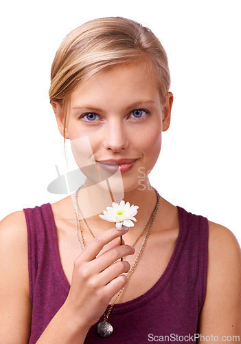 Image of Studio, woman and portrait of daisy by white background and scent of perfume of natural botanicals. Model, face and creative inspiration with flower for stress relief and wellness with floral plant