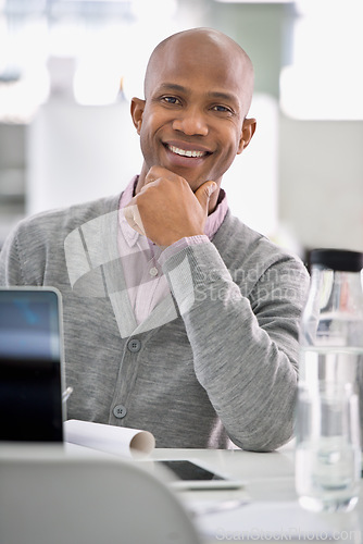 Image of Smile, office and portrait of black man for confidence, tech or notes on career opportunity at startup. Proud, happy or professional businessman with job in project management, planning or consulting