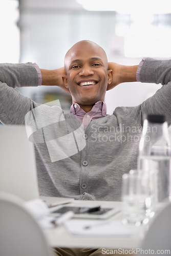 Image of Relax, office and portrait of black man with smile, tech and career opportunity at startup. Proud, happy or professional businessman with job in project management, planning or consulting at desk