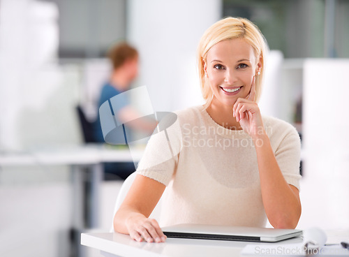 Image of Smile, office and portrait of woman with confidence, technology and career opportunity at startup. Proud, happy or professional businesswoman with job in project management, development or consulting