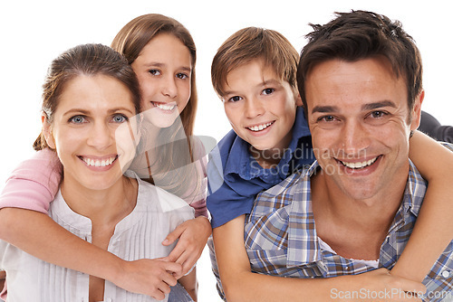 Image of Happy family, portrait and hug with children for bonding, embrace or support on a white studio background. Face of mother, father and kids with smile for love, care or trust on holiday or weekend