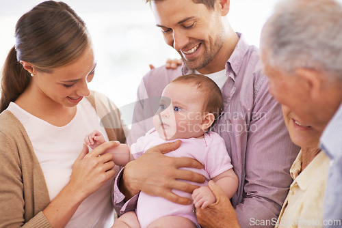 Image of Family, grandparents with baby and parents are happy at home, people bonding with love and relationship. Support, trust and care, smile for pride and generations, childhood and connect with infant