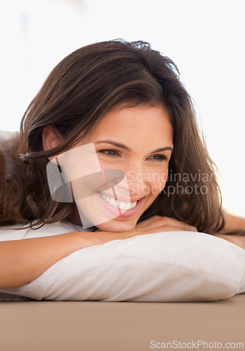 Image of Wake up, relax or face of a happy woman in bed for resting with health or peace alone in home. House, morning or calm female person in apartment on break or pillow with smile to start day or chill