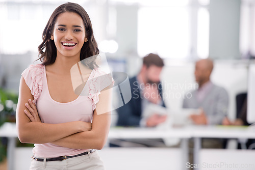 Image of Business, office and portrait of woman with pride, smile and career opportunity at startup. Confidence, happy or professional businesswoman with job in project management, development or consulting