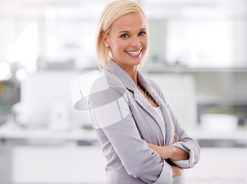 Image of Business, portrait and woman with arms crossed, professional and confidence with startup and PR consultant. Face, person and entrepreneur with pride and designer in a workplace with smile or company