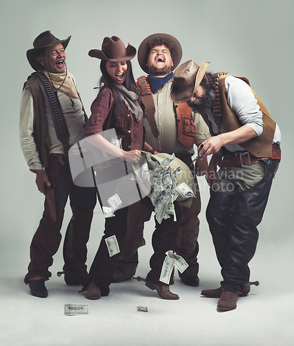 Image of People, cowboys and happy for bank robbery in studio mockup, outlaw and wild west character with pistol. Texas, men or woman for money with weapon or vintage clothes or costume by white background