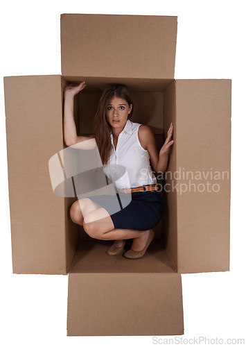 Image of Business, box and fear with woman, afraid and claustrophobic with emotion and anxiety. Consultant, employee and entrepreneur with cardboard and expression with depression isolated on white background