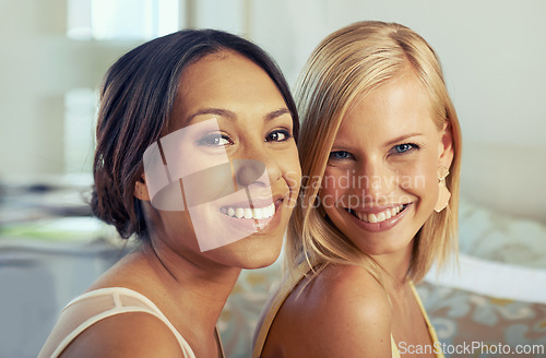 Image of Friends, happy portrait and fashion in hotel room with care, diversity and elegant clothes to celebrate engagement. Ladies night, women and smile face in bedroom and excited together for classy event