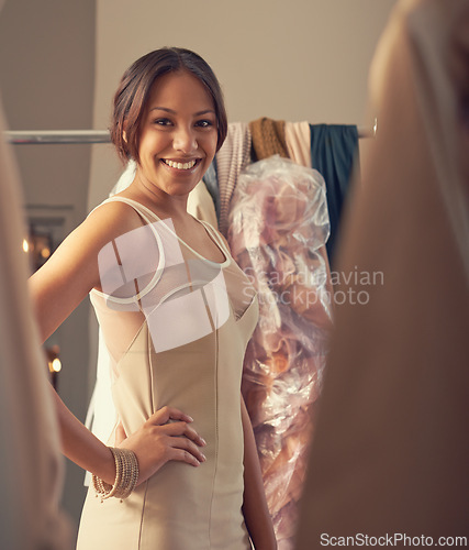 Image of Happy woman, portrait or confident in elegant gown in hotel, fashion and trying on dresses for gala event. Smile face, lady or mirror reflection in style clothes or excited for formal party at night