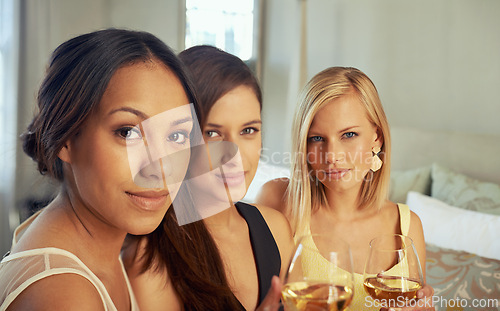 Image of Friends, portrait and elegant with champagne in hotel, confidence and bonding together for gala event. Happy women, alcohol glass or face in style clothes with care or ready for formal party at night