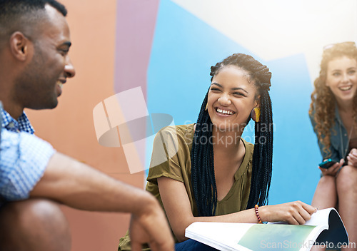 Image of People, students and diversity with textbook at university for learning, studying and knowledge on campus. Group, scholars and together at college on scholarship for education, assignment or teamwork