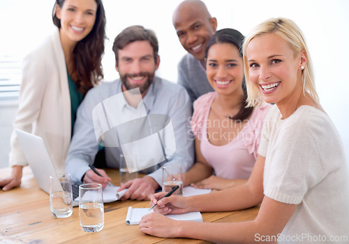 Image of Teamwork, happy and portrait of business people in office for company finance budget project. Smile, meeting and group of financial advisors working in collaboration for discussion in workplace.