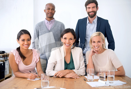 Image of Meeting, happy and portrait of business people in office for company finance budget project. Smile, teamwork and group of financial advisors working in collaboration for discussion in workplace.