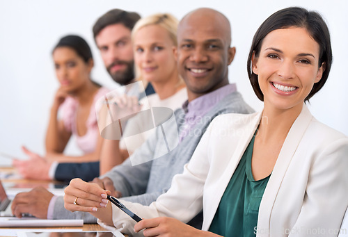 Image of Meeting, smile and portrait of business people in office for company finance budget project. Happy, teamwork and group of financial advisors working in collaboration for discussion in workplace.