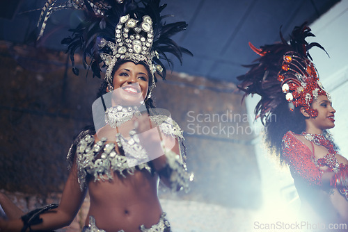 Image of Smile, carnival or happy woman in costume for event, music culture or night celebration in Brazil. Outdoor, performance or girl dancers with samba at festival party, parade or show in Rio de Janeiro