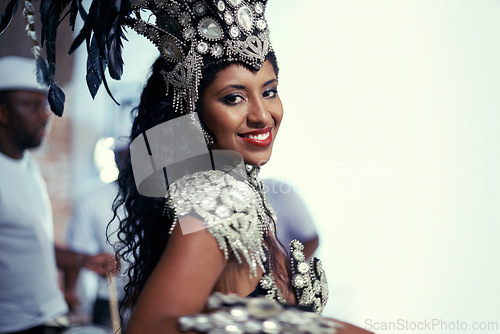 Image of Samba, festival or happy woman in costume or portrait for celebration, music culture or band in Brazil. Event, night or proud girl dancer with smile at carnival, parade or fun show in Rio de Janeiro