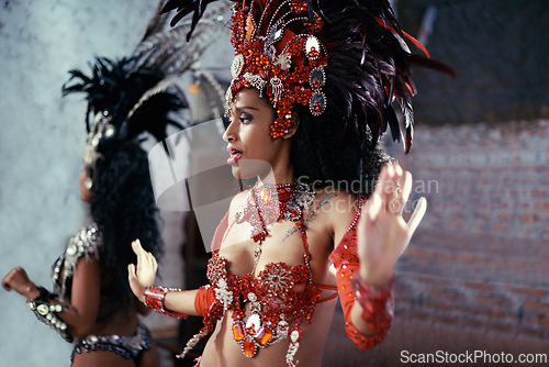 Image of Samba, carnival or woman in costume for celebration, music culture or band in Rio de Janeiro, Brazil. Event, party or girl dancer with fashion or style at festival, parade or fun show for performance