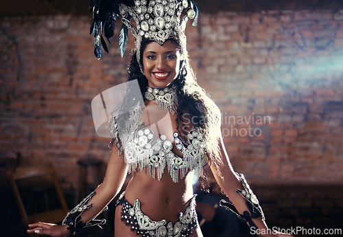 Image of Party, carnival or happy woman in costume or portrait for celebration, music culture or band in Brazil. Event, samba or proud girl dancer with smile at festival, parade or fun show in Rio de Janeiro