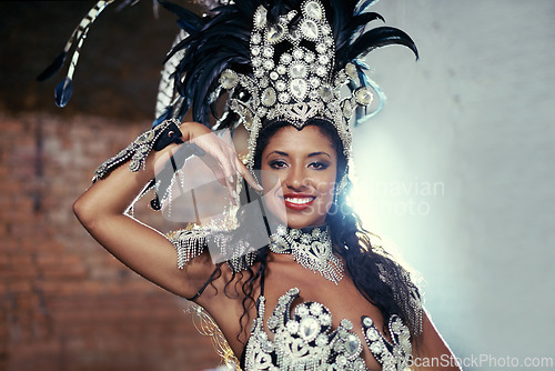 Image of Night, carnival or happy woman in costume or portrait for celebration, music culture or band in Brazil. Event, samba or proud girl dancer with smile at festival, parade or fun show in Rio de Janeiro