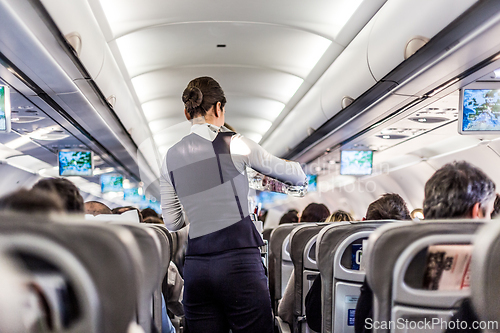 Image of Interior of airplane with passengers on seats and stewardess in uniform walking the aisle, serving people. Commercial economy flight service concept.