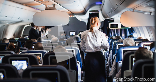 Image of Interior of airplane with passengers on seats and stewardess in uniform walking the aisle, serving people. Commercial economy flight service concept.