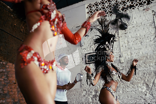 Image of Festival, dance and women at carnival in costume for celebration, music culture and happy band in Brazil. Samba, party and girl friends together at performance, parade or show in Rio de Janeiro.