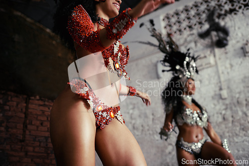 Image of Parade, dance and women at carnival in costume for celebration, music culture and happy band in Brazil. Samba, party and girl friends together at festival, performance or stage show in Rio de Janeiro