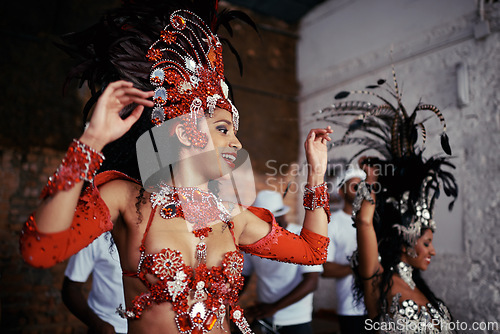 Image of Smile, dance and women at carnival in costume for celebration, music culture and happy band in Brazil. Samba, party and girl friends together at festival, parade or stage show in Rio de Janeiro.