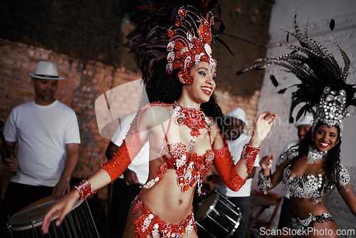 Image of Show, dance and women at carnival in costume for celebration, music culture and happy band in Brazil. Samba, party and girl friends together at festival, parade or stage performance in Rio de Janeiro