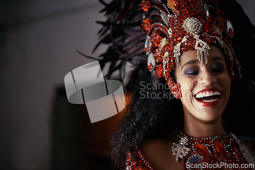 Image of Face, samba and woman at carnival with costume in celebration of music, culture and happiness in Brazil. Dancer, party and laughing girl in fantasia at festival, parade or show in Rio de Janeiro.