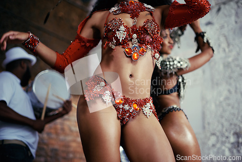 Image of Samba, carnival or body of woman in costume for celebration, music culture or band in Brazil. Event, night or dancers with fashion at festival party, parade or show for performance in Rio de Janeiro