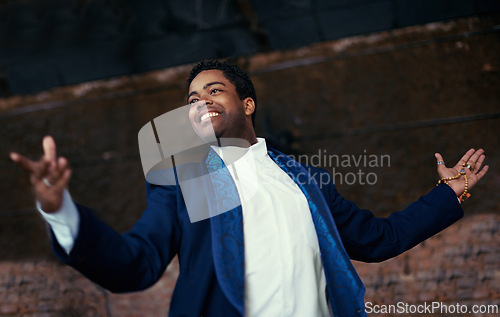 Image of Man, smiling and entertainment for performance, event, celebration or musical at carnival or street show. African male person and joyful from Amsterdam with suit and shirt for concert or opera choir