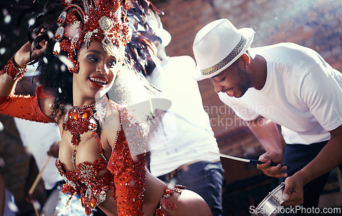 Image of Samba, drummer or happy woman in carnival for celebration, music culture or band in Brazil. Event performance, night or girl dancer with smile at festival, parade or fun live show in Rio de Janeiro