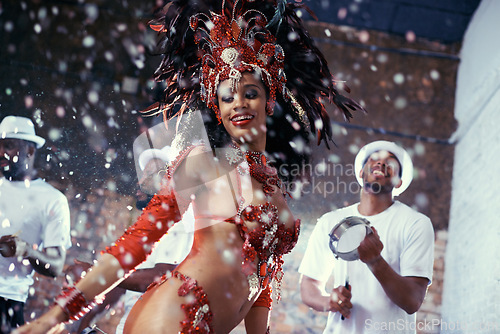 Image of Band, dancing or happy woman in carnival celebration, music culture or samba in Rio de Janeiro, Brazil. Night, party performance or girl dancer with smile at festival, parade event or fun live show